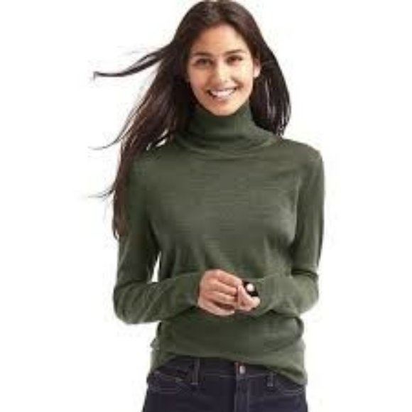 GAP Sweaters - Gap Green Merino Wool Turtleneck Sweater Long Sleeve Ribbed Cuffs Size L-Tall
